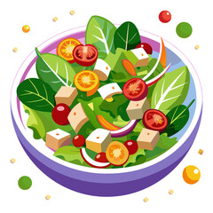 Colorful Salad with Tofu, Tomatoes, and Greens in a Purple Bowl