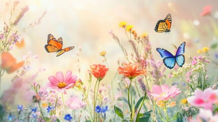 Fototapeta premium Colorful wildflowers bloom in a sunny meadow as butterflies flutter gracefully through the air, creating a lively atmosphere. Generative AI