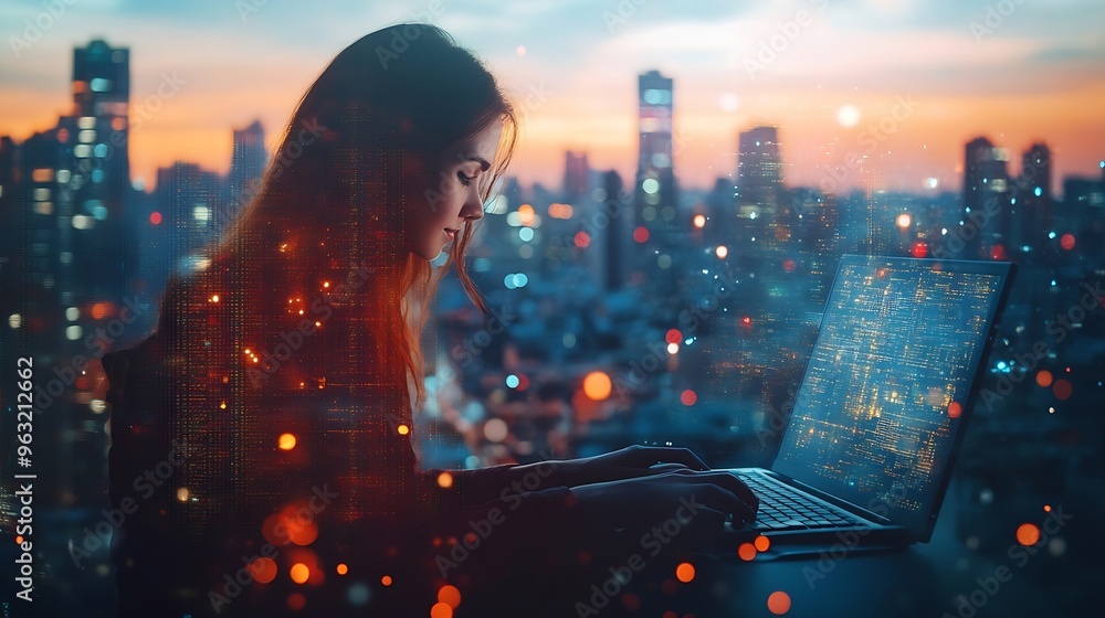 Aufkleber Internet network connection data exchange digital marketing IoT internet of things Double exposure woman using modern computer surfing the internet and smart city innovative technology : Generative AI