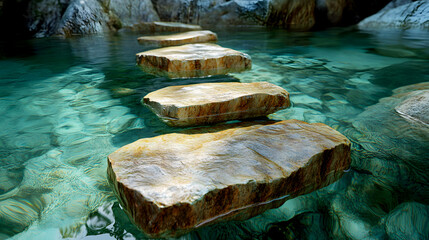 Stone slabs delicately balanced on clear water, light-colored rocks reflecting the harmony of nature