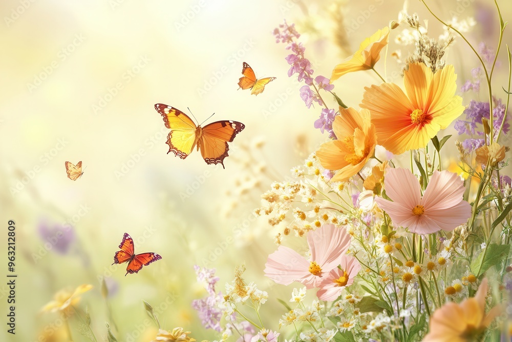 Wall mural Wildflowers bloom brightly in a sunny meadow while butterflies gracefully flutter nearby, creating a lively and cheerful atmosphere. Generative AI