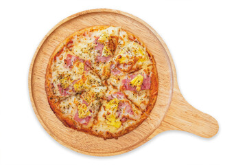 Homemade Hawaiian Pizza made by kids on a wooden tray