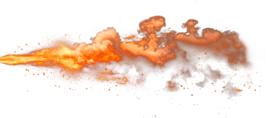 Close-up of a muzzle flash, side view, isolated on a white or transparent background. Fire from a gunshot. Bullet firing flame overlay, design element.