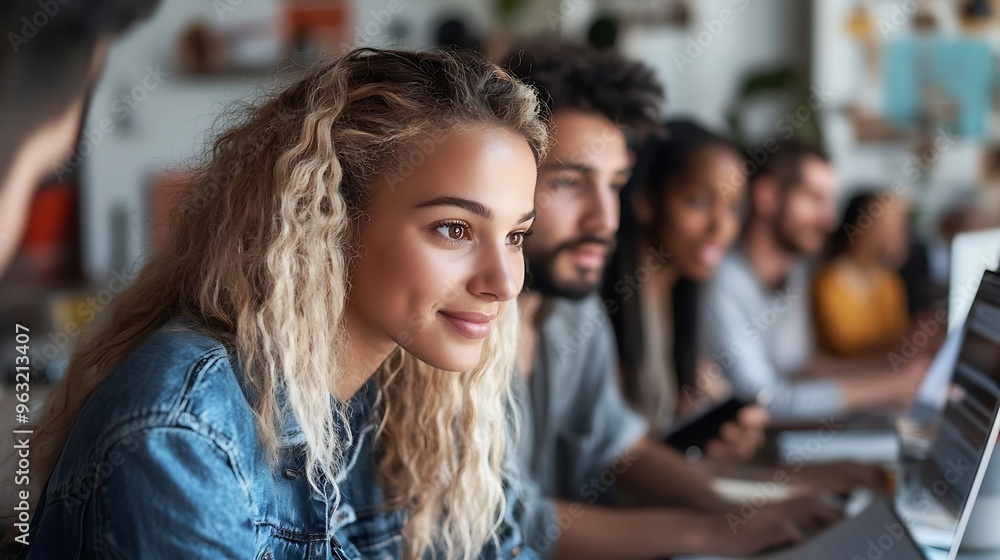 Aufkleber young and diverse group of coworkers working together on a project in a startup company office : gen