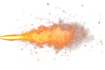 Overlay of a muzzle flash isolated on a white or transparent background. Close-up of the flame bursting from a firearm, design element, muzzle flash.