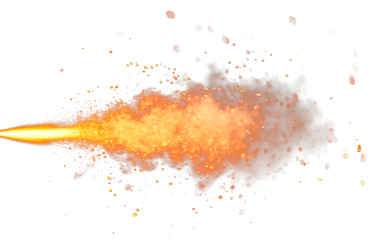 Overlay of a muzzle flash isolated on a white or transparent background. Close-up of the flame bursting from a firearm, design element, muzzle flash.