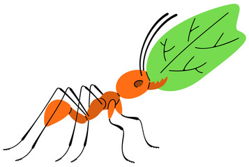 Leafcutter ant move along a trail with leaf. Insects, animals, nature, plants and leaves, illustration
