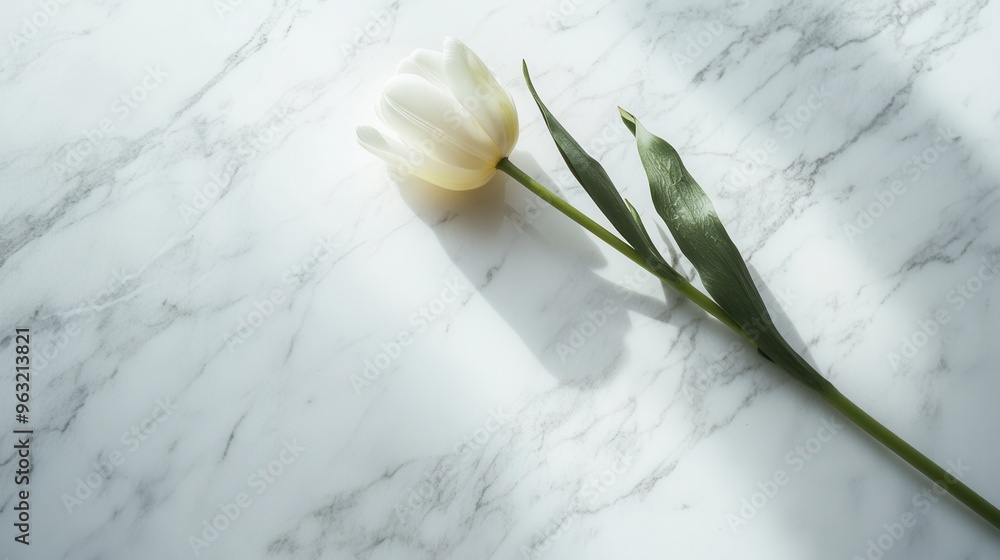Aufkleber a single white tulip lies elegantly on a clean marble surface, illuminated by gentle natural light, 