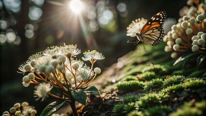 a beautiful butterfly on blooming flowers