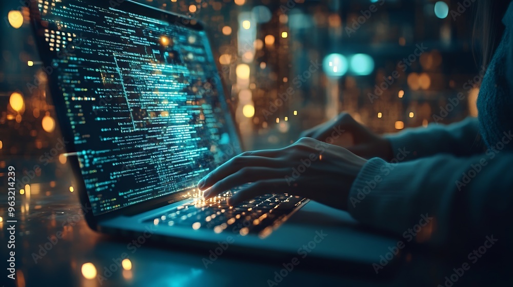 Poster Data processing digital technology software development concept Computer programmer software engineer working on laptop with data exchange code Ai Aritificial intelligence : Generative AI