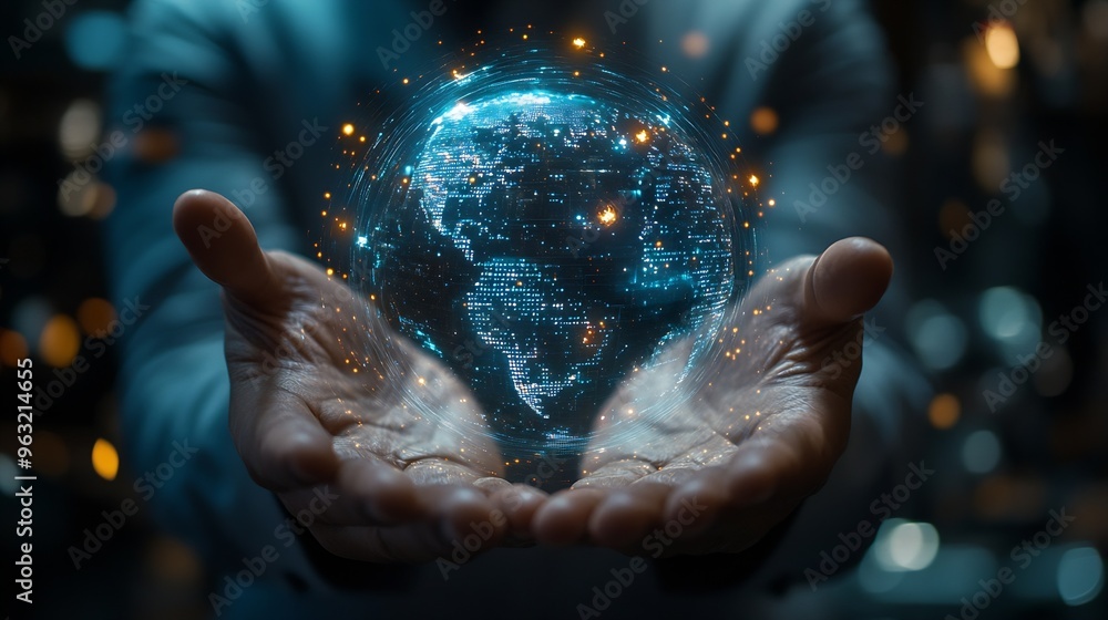 Poster businessman presenting futuristic business world metaverse graphic in the form of innovation in digi