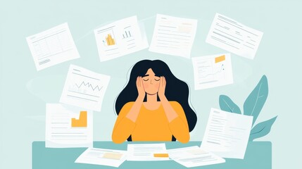 A stressed woman manages job applications and unemployment data in a dim setting