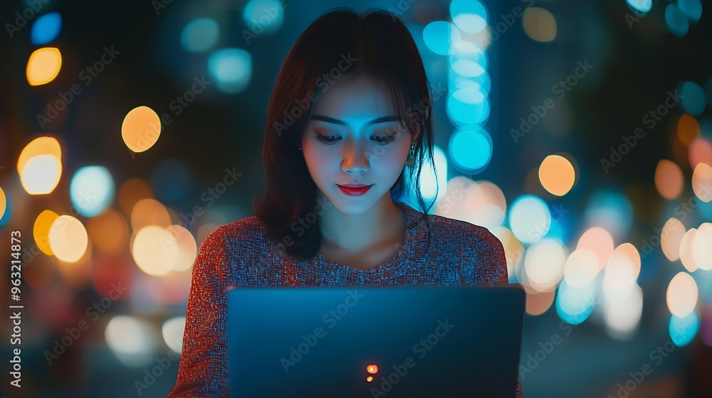 Leinwandbilder Young Asian woman using laptop computer sending and download digital data info with blur city night Mobile connect networking with cloud communication concept : Generative AI