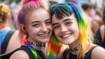 Fototapeta premium Two young women with dyed hair and colorful outfits are smiling during a pride event