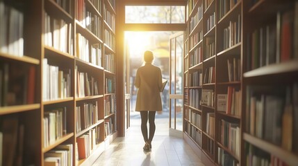 A person walks through a sunlit library, surrounded by bookshelves filled with books, creating a serene atmosphere.