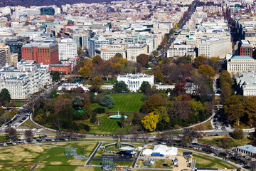 Late Autumn bird'e eye view overhead the White House & South Lawn, Washington DC