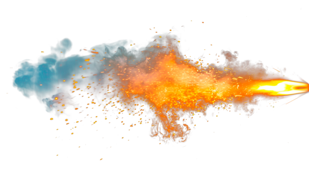 Overlaying a muzzle flash on a white or transparent background. Close-up of flames escaping from the barrel of a firearm. Design element depicting flash at the moment of shooting