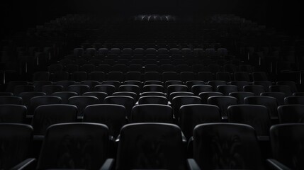 Naklejka premium Symmetrical view of empty black theater seats on an indoor stage, focusing on drama and performance.