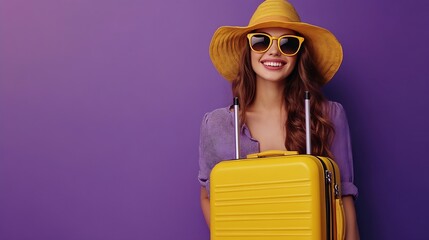 Happy young woman traveler smiling girl tourist wearing sunglasses with yellow travel suitcase ready for summer vacation trip looking aside standing isolated on purple background Full  : Generative AI