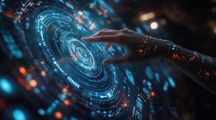 A person interacting with a futuristic holographic interface featuring digital data and connections on a blue background showcasing technology concept : Generative AI