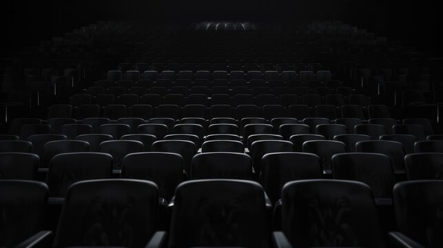 Symmetrical view of empty black theater seats on an indoor stage, focusing on drama and performance.