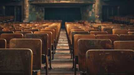 Empty wooden theater seats on indoor stage, vintage performance concept.