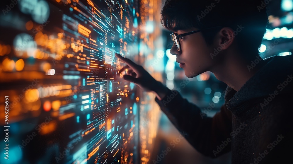 Poster Digital technology internet network connection big data digital marketing IOT internet of things Man using modern computer surfing internet futuristic metaverse innovative technology b : Generative AI