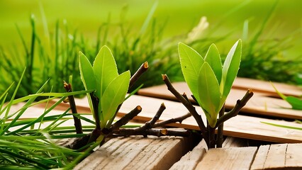 Obraz premium Green leaves on twigs, sward and wooden planks background
