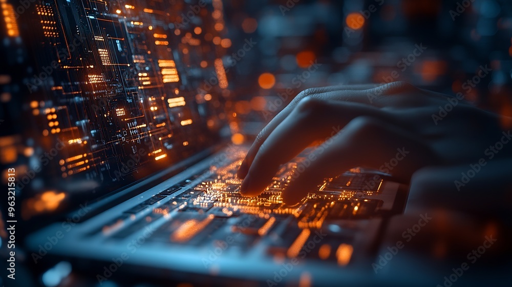 Fototapete Digital technology software development concept Coding programmer software engineer working on laptop with circuit board and javascript on virtual screen internet of things IoT : Generative AI