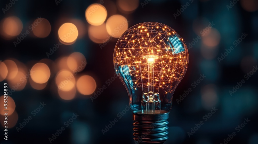 Poster illuminated ideas: a glowing light bulb with intricate network pattern symbolizes innovation and cre