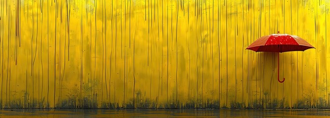 Red umbrella against a yellow background with a pattern of vertical lines.  The umbrella is standing on its own, with the handle pointing to the right.