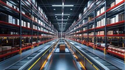 Fototapeta premium A sleek, modern logistics hub with streamlined efficiency, rows of shelves, and automated systems in action.