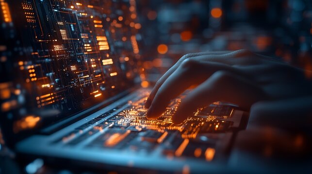Digital technology software development concept Coding programmer software engineer working on laptop with circuit board and javascript on virtual screen internet of things IoT : Generative AI