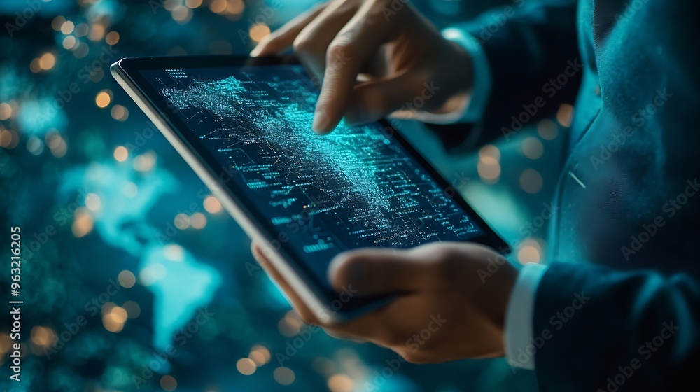 Aufkleber Global internet network connection global business internet of thing concept Business man using digital tablet social networking digital marketing internet technology futuristic tech b : Generative AI