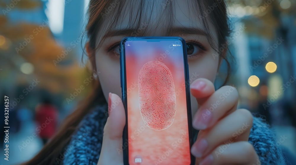 Poster Biometrics security system Woman using fingerprint identification to access personal financial data on mobile phone mobile banking app biometrics cyber security technology against digi : Generative AI