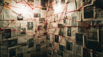 Chaos of a serial killer's lair with wall clippings and connecting threads in dim light