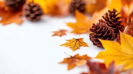 Vibrant autumn leaves and pinecones create a warm and inviting fall scene, perfect for seasonal decoration and nature themes.