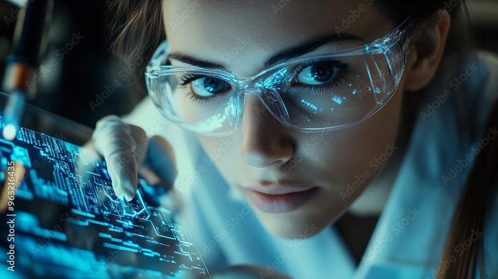 Poster Ai engineering female stem engineer using artificial intelligence to design micro electronics in the lab : Generative AI
