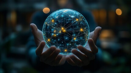 Hand holding globe with network connecting data Implement of digital technology cloud computing and ai artificial intelligence develop smart information transformant and global busines : Generative AI
