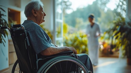 Wheelchair caregiver and senior person with disability for support caring and homecare for old people Healthcare elderly man and nurse for helping assistance and retiree with medical w : Generative AI