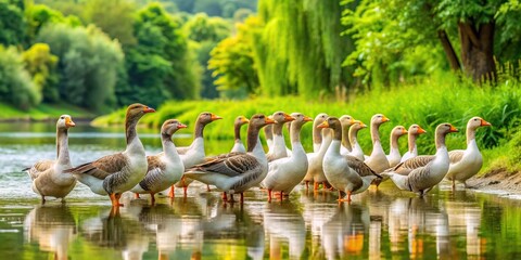 Naklejka premium Many geese stand on the river bank surrounded by lush green nature, serene, river bank, landscape, feathers, birds, nature, bird, wings, low angle, beaks, waterfowl, flock, animals