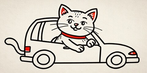 Black and white cartoon cat happily driving a car, with a pop of orange color