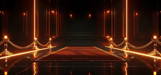 A red carpet hallway lit by glowing golden lights. Abstract, modern, and stylish.