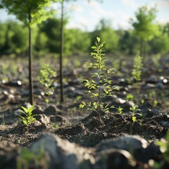 Close-up of saplings growing in a field, with a shallow depth of field. Sunlight filtering through the trees.