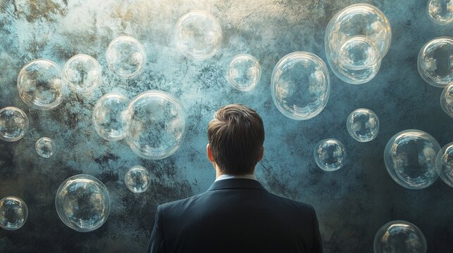 Too many thinking ideas, overwhelmed issues or busy problem to be solved, contemplation solutions for troble, concerned or anxiety concept, businessman thinking with many thinking bubbles. 