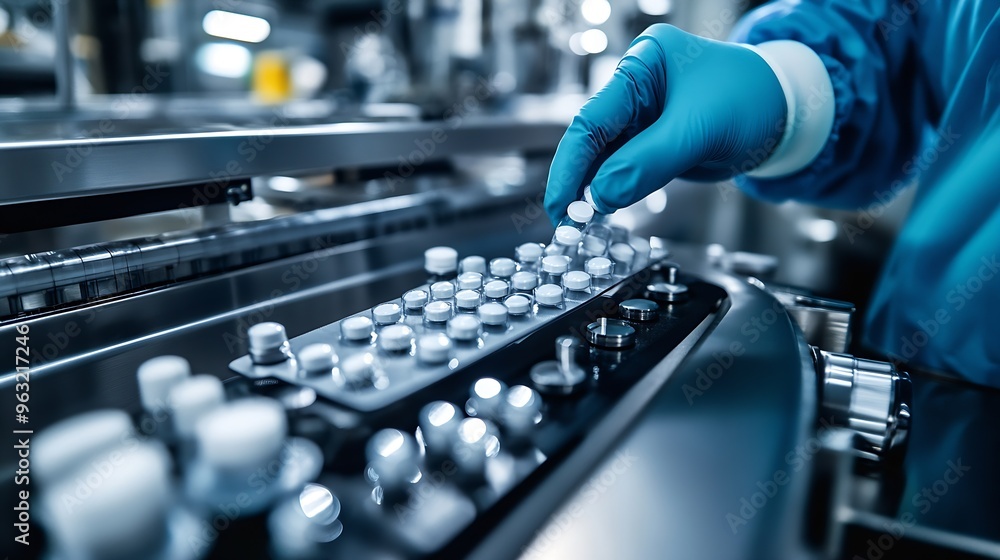 Poster concept med industry on medicine factory worker use control panel of automatic machine production li