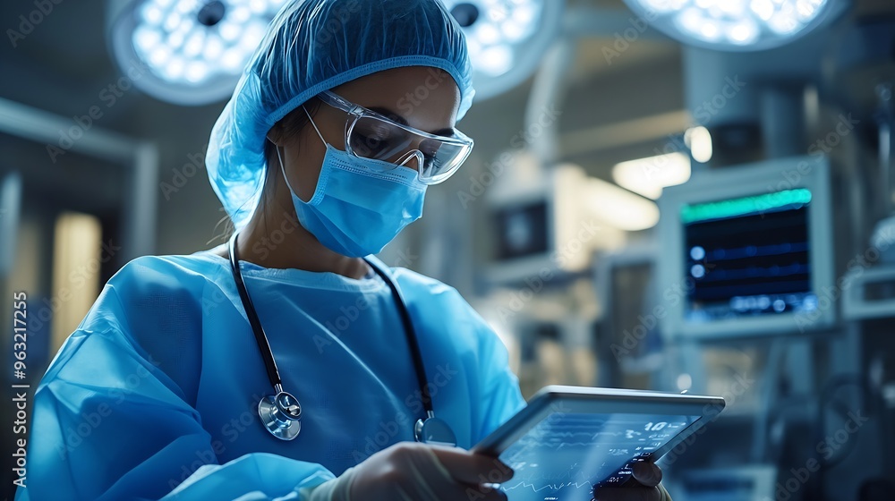 Aufkleber doctor utilizing advanced digital tablet technology in modern healthcare medical professional in ope