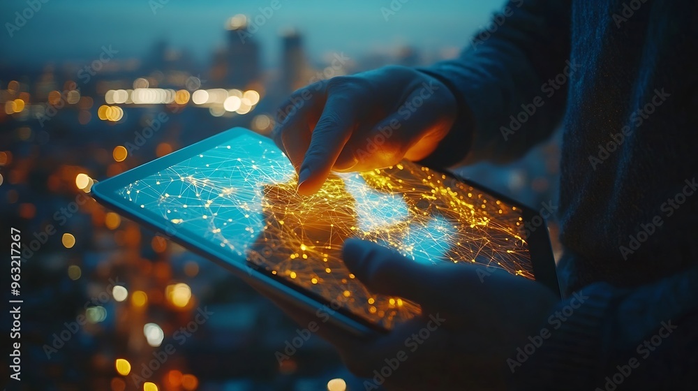 Poster Global business digital technology social media marketing concept Business man using digital tablet computer with global internet connection and smart city business intelligence data s : Generative AI