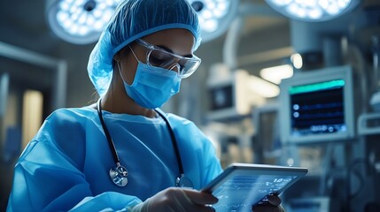 Doctor Utilizing Advanced Digital Tablet Technology in Modern Healthcare Medical Professional in Operating Room Analyzing RealTime Patient Data CuttingEdge Medical Innovations and solu : Generative AI