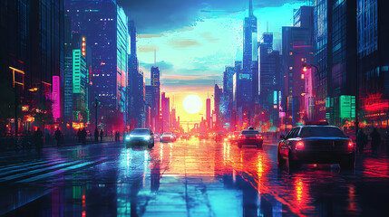 Neon Pulse of a Cyber Metropolis: A High-Tech Cityscape Reflecting Digital Dreams